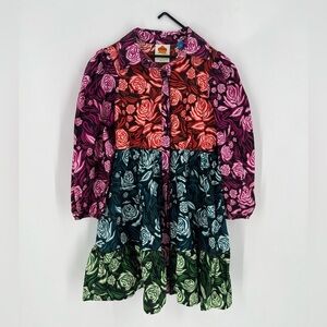 Farm Rio Floral Roses Long Sleeve Tiered Button Front Color-block Mini Dress